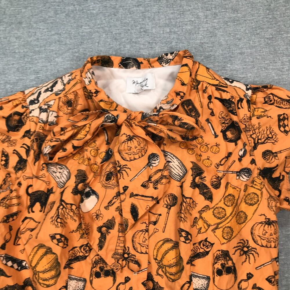 Unique Vintage Magnolia Park Small Button Up Bow Blouse Halloween Cat Skull Bat - Picture 3 of 7